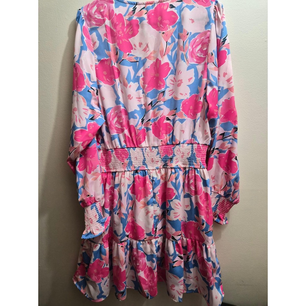 Easel Pink Blue Floral Smocked Waist V-Neck Long Sleeve Tiered Dress Large - Picture 5 of 5
